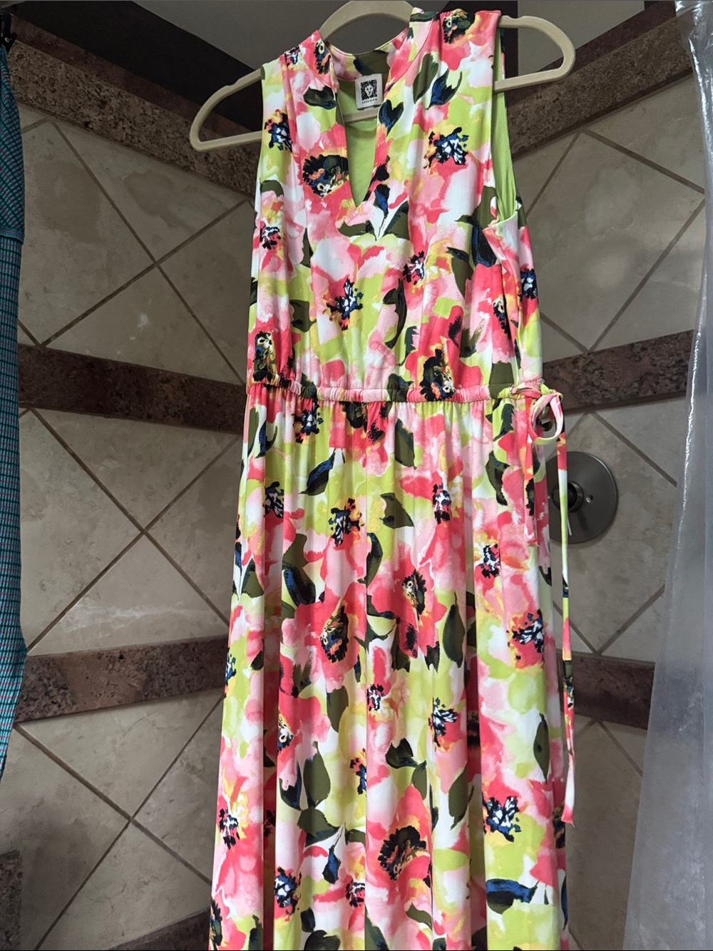 Anne Klein Pink and Lime Floral Sleeveless Dress